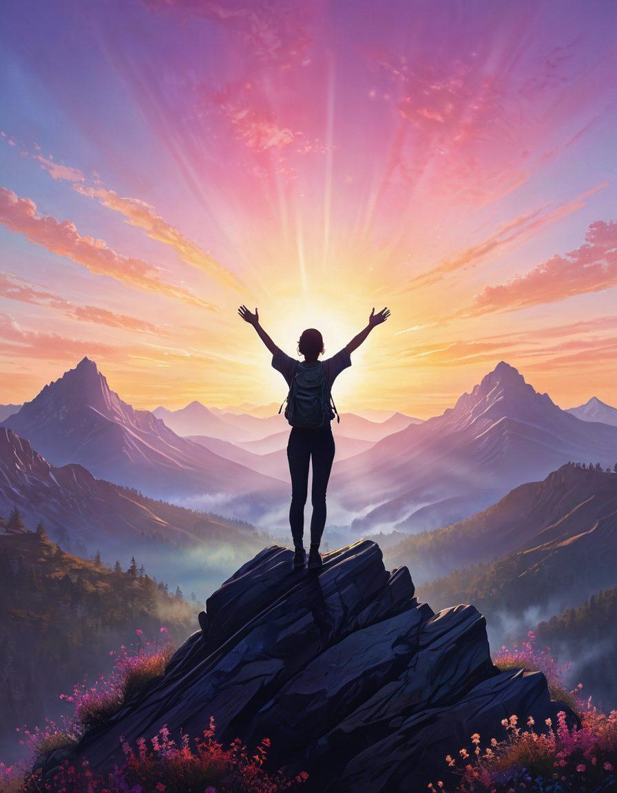 A serene and empowering scene featuring a glowing silhouette of a person standing atop a mountain, arms raised in triumph. Surround this figure with ethereal, swirling colors representing self-discovery and confidence, highlighted by soft pastel tones. Add subtle floral elements and rays of light to symbolize growth and enlightenment. The background should depict a beautiful sunrise, enhancing the sense of hope and new beginnings. super-realistic. vibrant colors. soft lighting.